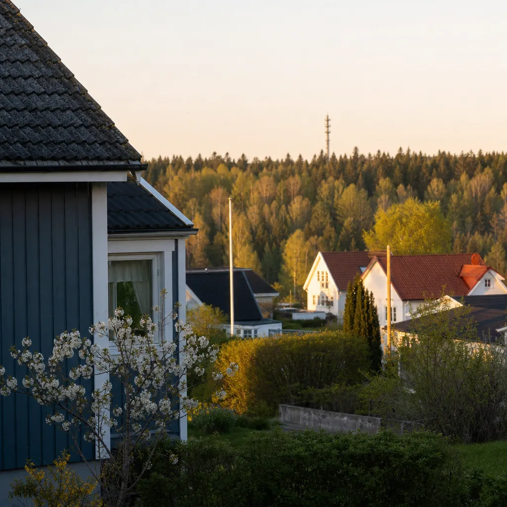Svensk villaby med mobilmast i bakgrunden vid kvällsljus