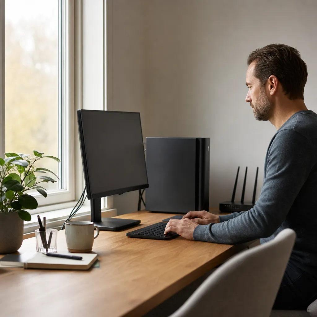 Stationär dator kopplad till 5G-router via ethernet-kabel