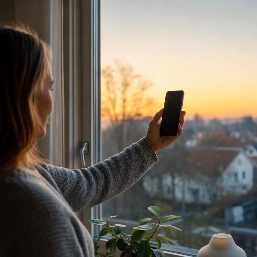 Person streamar 4K-film via mobilt bredband i lugn hemmiljö